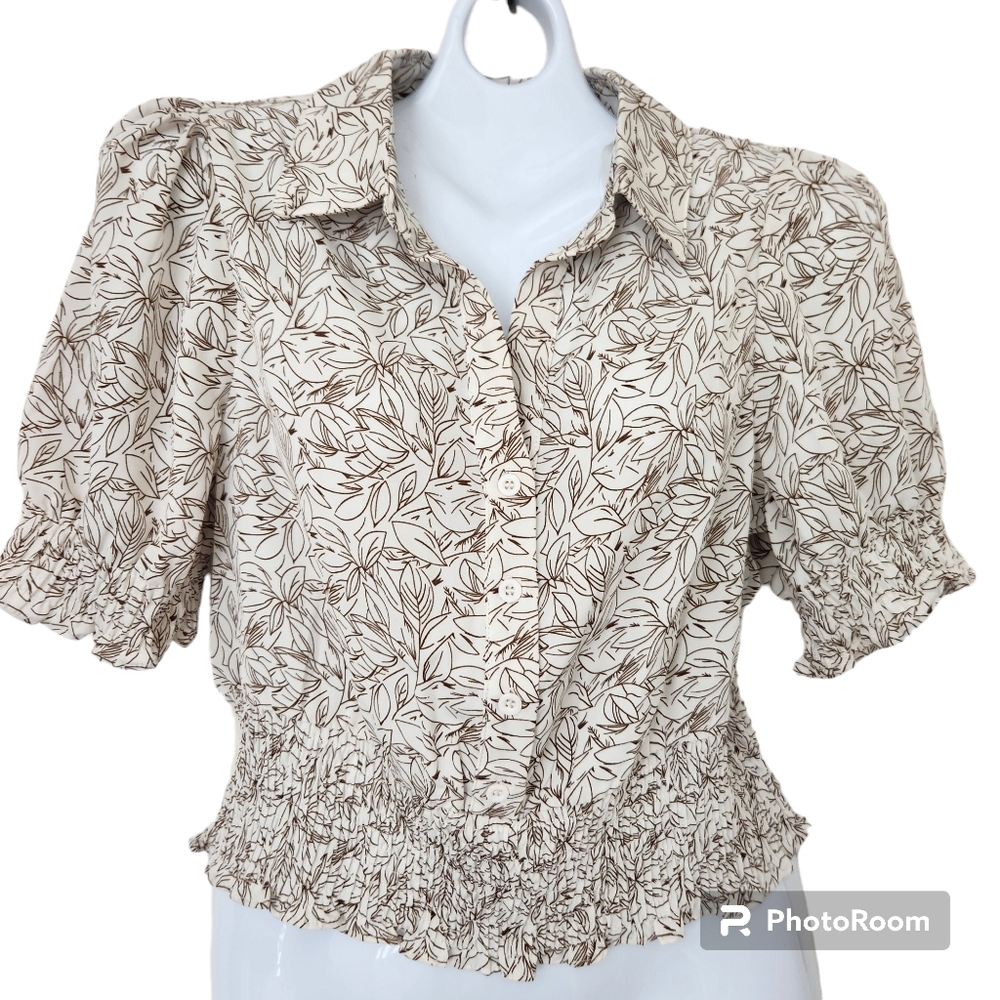 Papermoon NWT Collared V-Neck Henley Crop Blouse-Shirred Waist & Sleeves  L